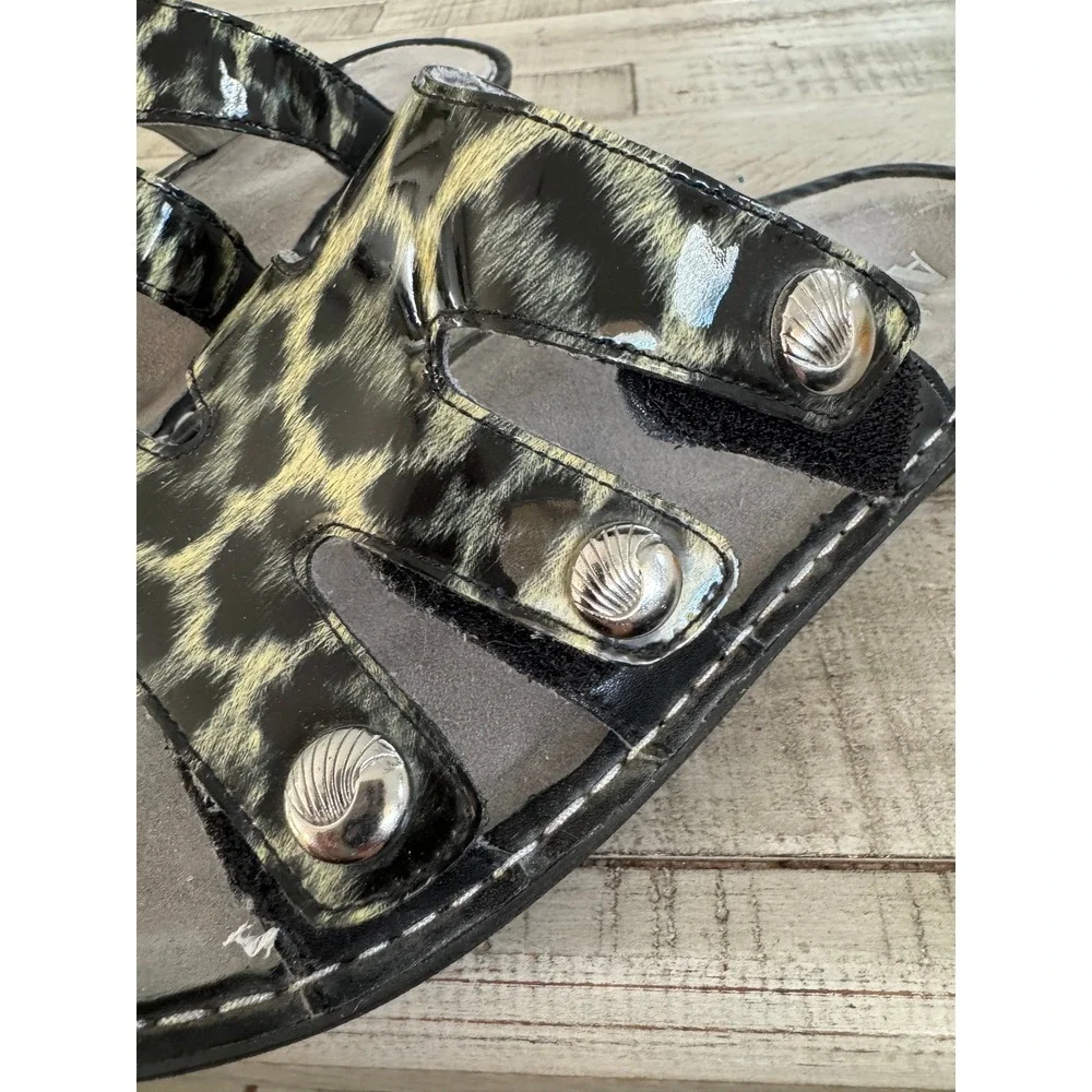 Alegria Women 39 Black Animal Print Patent Leather Slide Sandals‎ Wedge